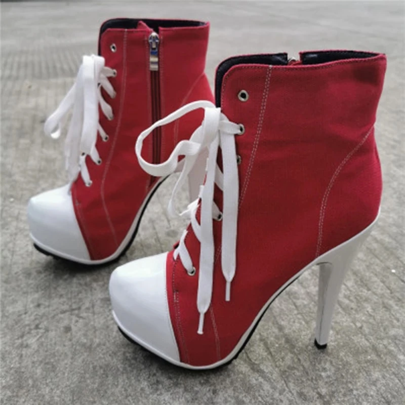 

Shoes Woman Western Denim Cowboy Boots For Ladies Platform High Heels Ankle Boots Lace UP Bottes Femme Plus size 12 13 15