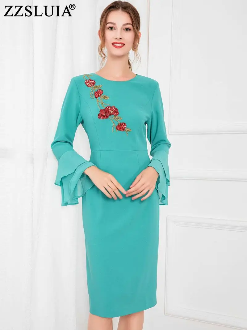 

ZZSLUIA Women's Elegant Dresses Flower Beading Sequined Designer Slim Temperament Dress Fashion Flare Sleeve One Piece Female