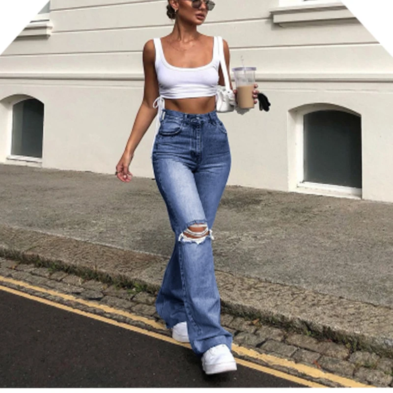 

Ladies denim wide-leg trousers ripped casual trousers jeans flared pants women's fashion jeans