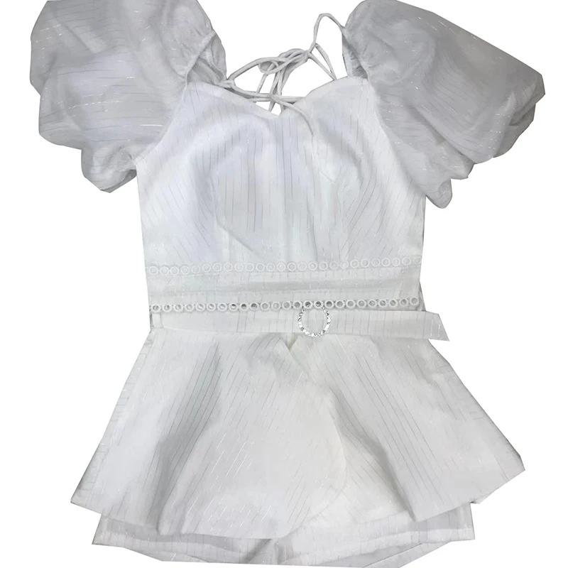 

VGH Print Two Piece Set For Women Square Collar Puff Short Sleeve Shirts High Waist Shorts Skirts Casual Sets Female 2021 Summer