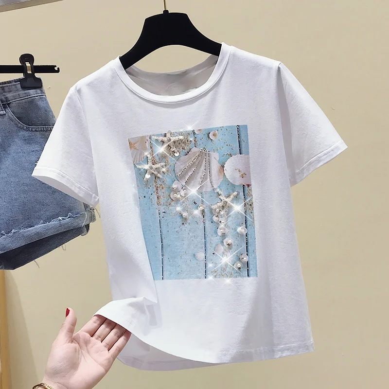 

Белая женская футболка с жемчугом и бисером, Летний Новый дизайн 2021, крутая уличная Футболка с принтом, женские футболки