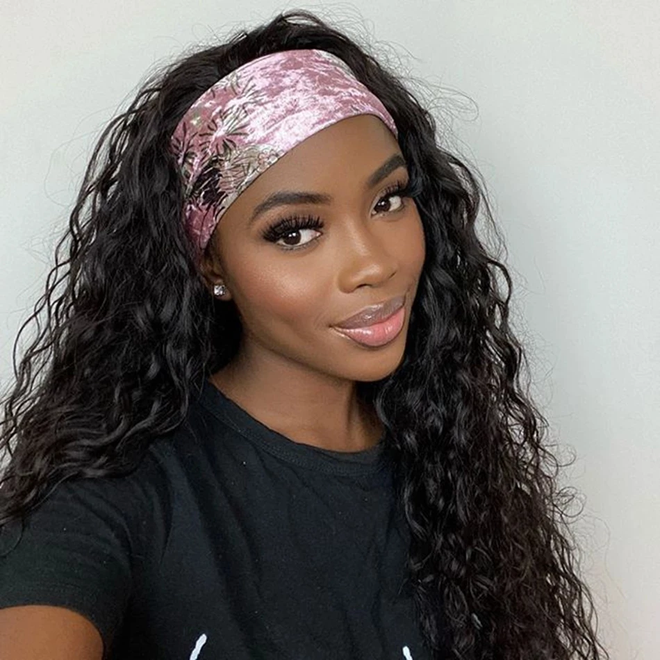 

Headband Wig Black Loose Curly Synthetic Lace Front Wig Heat Resistant Half Hand Tied Front Free Style Wigs With Baby Hair