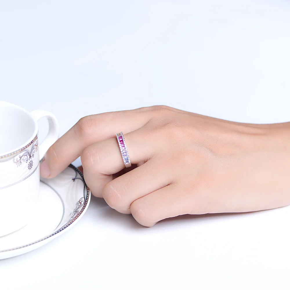 

925 Sterling Silver Luxury Rainbow Colorful CZ Wedding Rings for Women Girls Stackable Engagement Anniversary Party Ring Jewelry