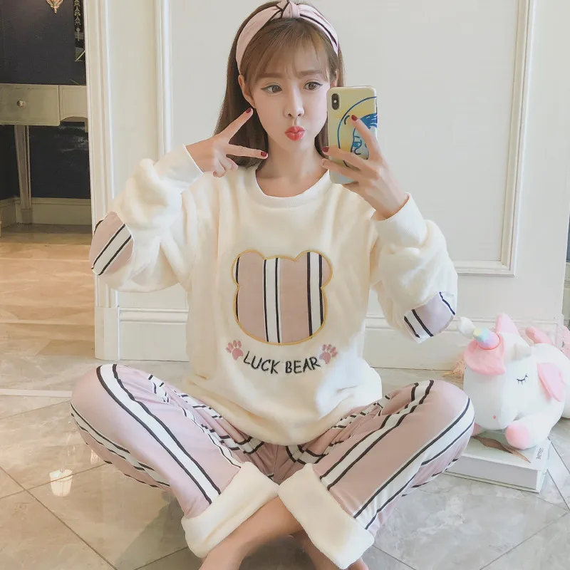 Autumn Winter Women Pyjamas Sets Pajamas Sleepwear Suit Thick Warm Coral Flannel Nightgown Female Cartoon Pijama Mujer | Женская одежда