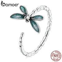 bamoer vintage green dragonfly ring 925 sterling silver adjustable finger ring with clear cz for women diy making jewelry