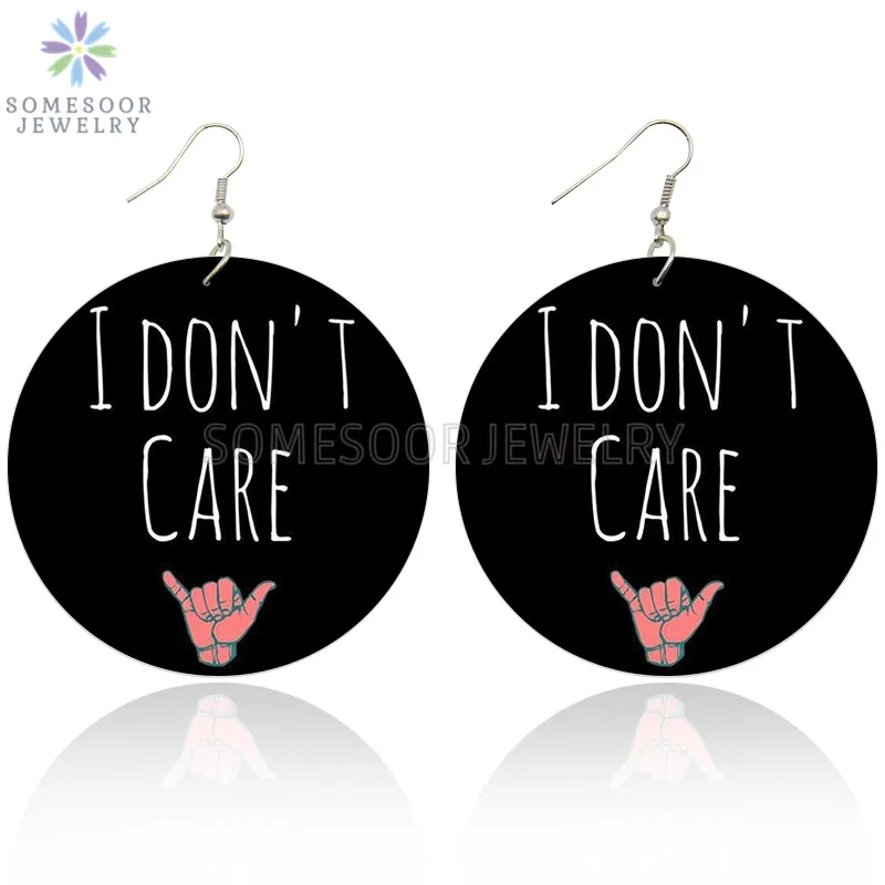 

SOMESOOR Both Sides Printed I Don't Care Gesture African Wooden Drop Earrings Black Sayings Design Ear Dangle For Women Gifts