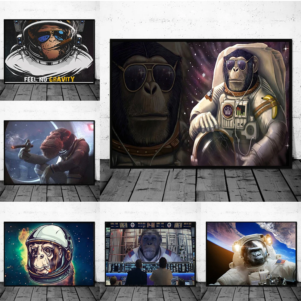 

Monkey In Space Poster and Prints Wall Art Mural Space Station Chimpanzees for Living Room Decoration Canvas Painting Pictures