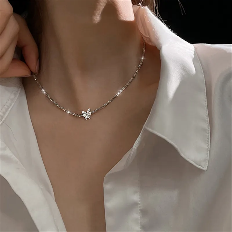 

925 Sterling Silver Zircon Butterfly Charm Pendent Necklaces For Women Girls Party Wedding Jewelry Accessories Choker dz235