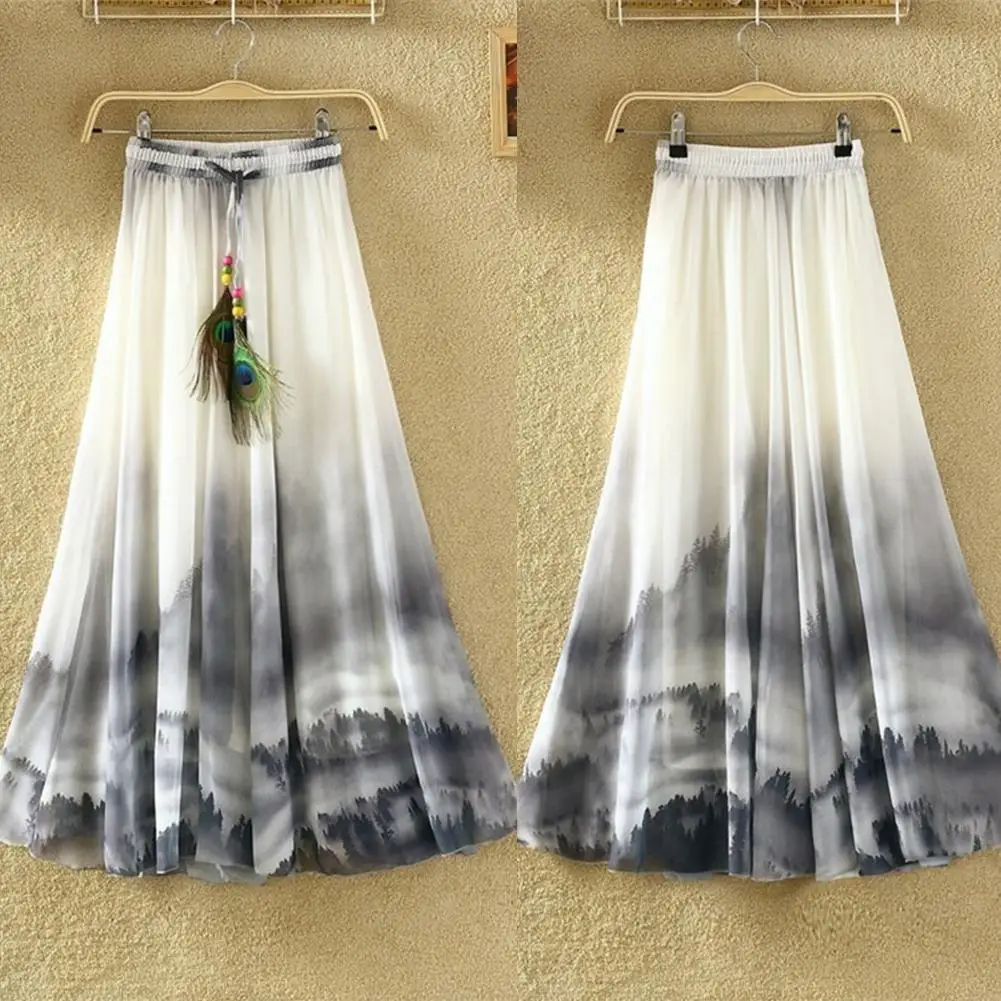 

New Arrival Summer Beach Bohemian Women Chiffon Flower Print Drawstring Maxi Long Skirt