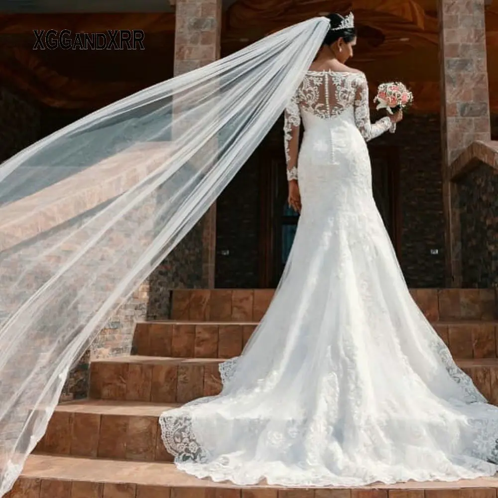 

Romantic Lace Mermaid Wedding Dress 2021 Boat Neck Bridal Gown Long Sleeves Chapel Train Bride Dresses White Plus Size Customize