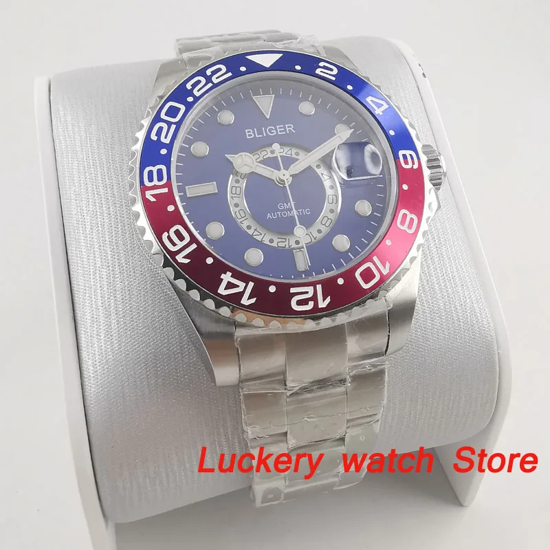 

43mm bliger Blue Dial white Marks GMT Indicator blue and red Bezel Sapphire Glass Automatic Movement Men's Watch-BA160