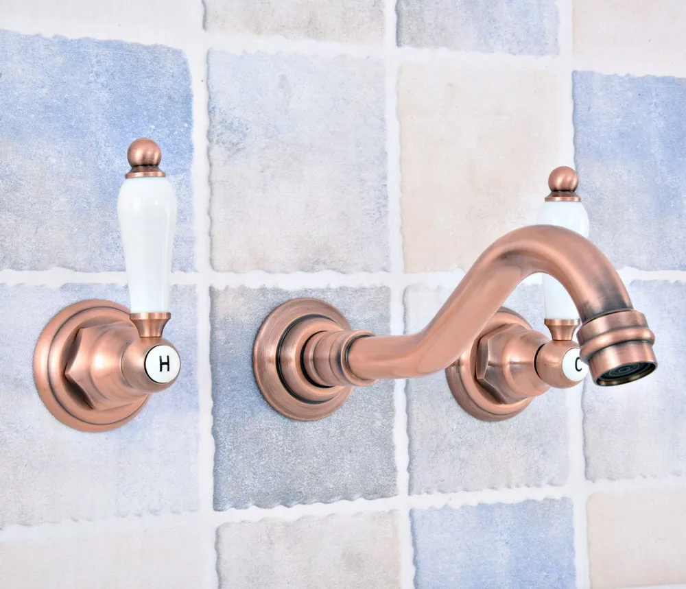 

Wall Mount 3-hole Bathroom Faucet Antique Red Copper Basin Sink Mixer Tap Widespread Dual Handles Tub Sink Faucet Wsf525