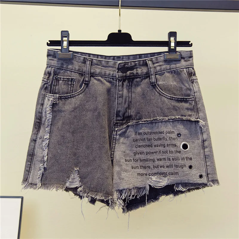 

Отверстие кисточкой с буквенным принтом Женская мода Повседневная летняя обувь; Красивые женские джинсовые шорты с высокой талией с широки...