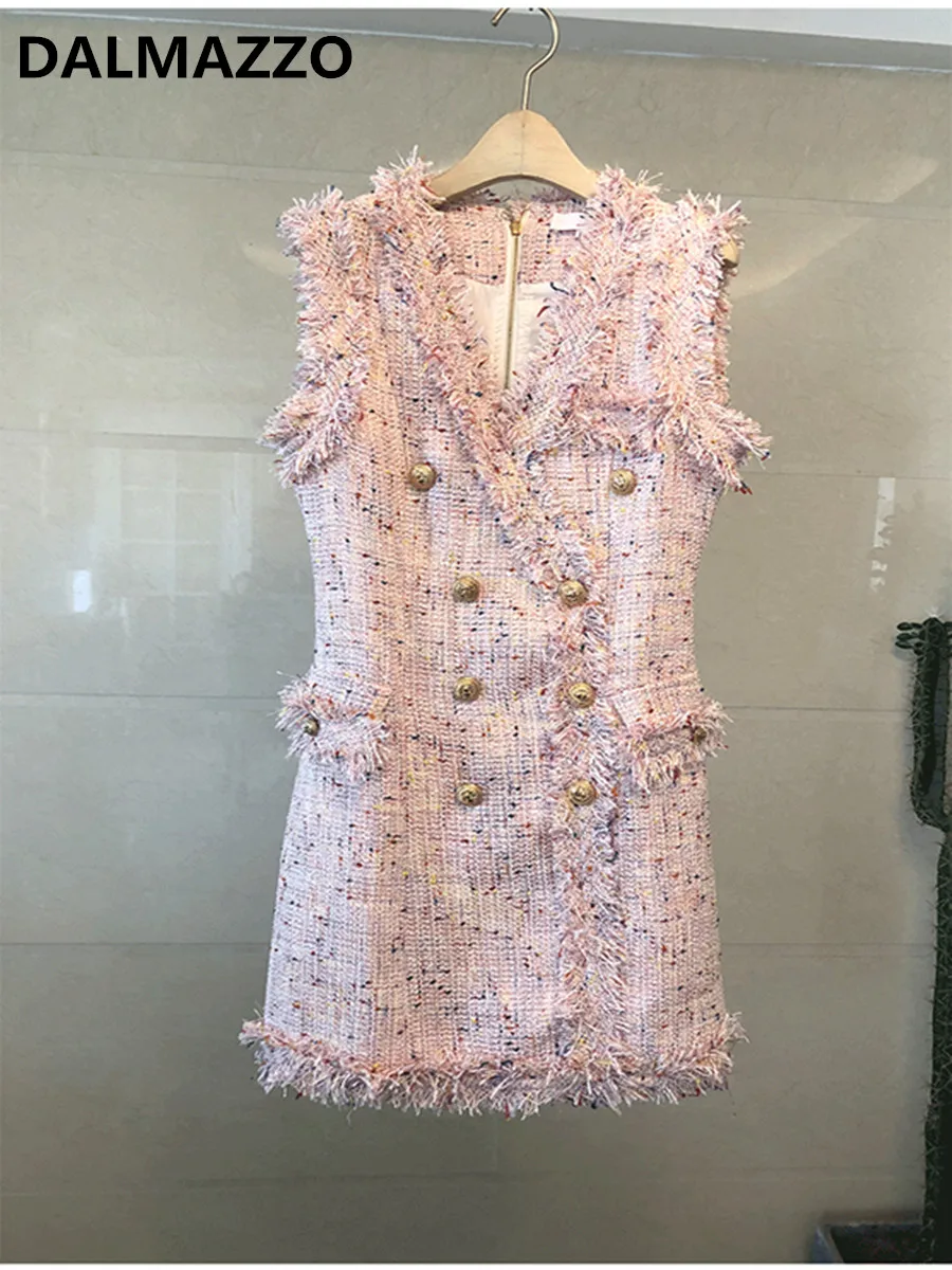 Розовое твидовое шерстяное женское повседневное двубортное мини-платье без