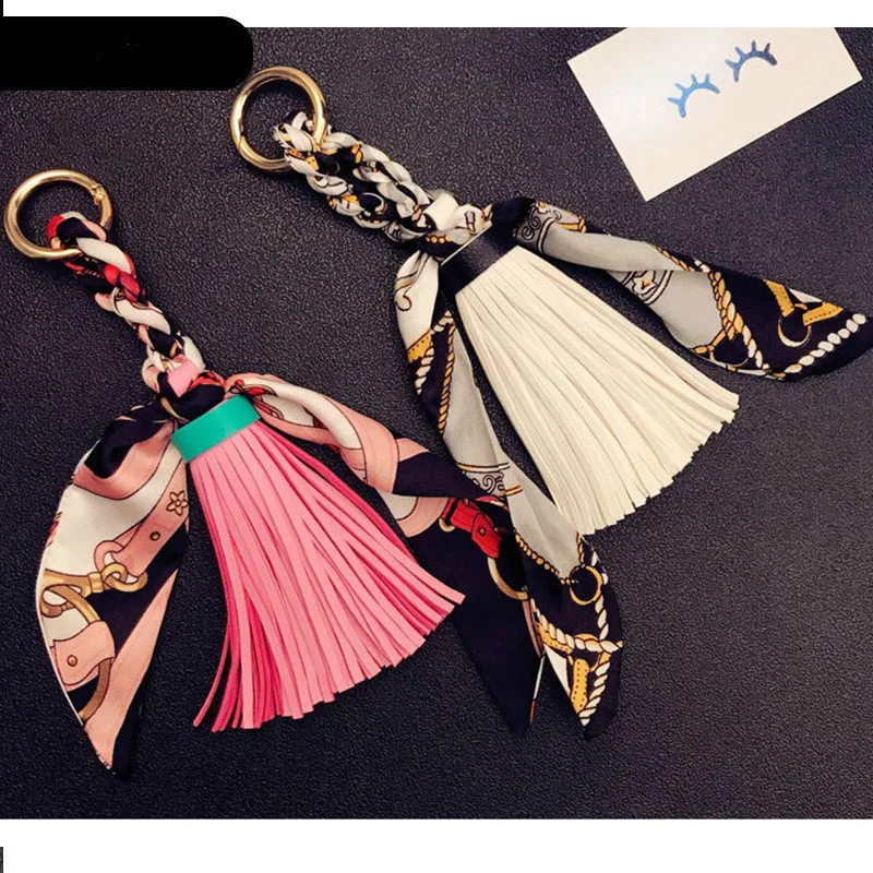 

Korean Scarf Bow Leather Tassel Bag Keychain Pendant Creative Joker Car Key Chain Ring