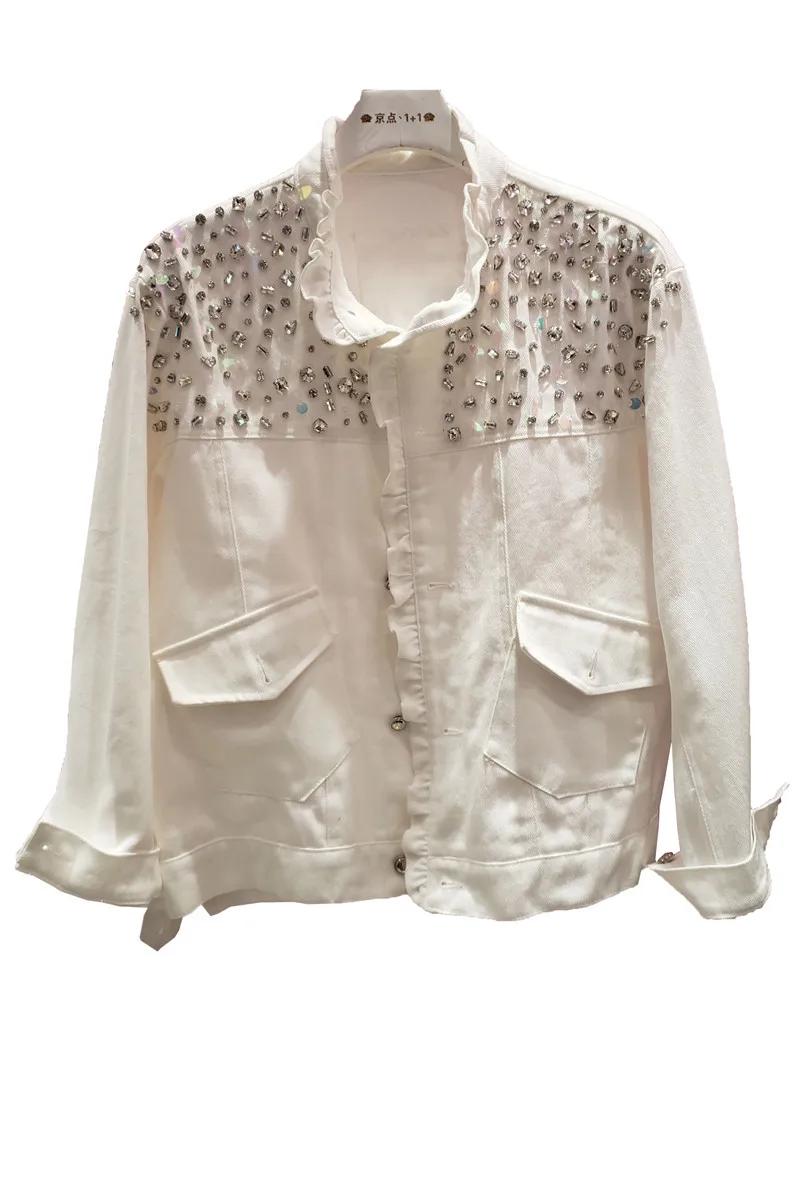 

2021 Spring New Korean Jeans Jacket Women Loose Short Denim Jackets Heavy Industry Rhinestone Jean Coats for Women White Outwear