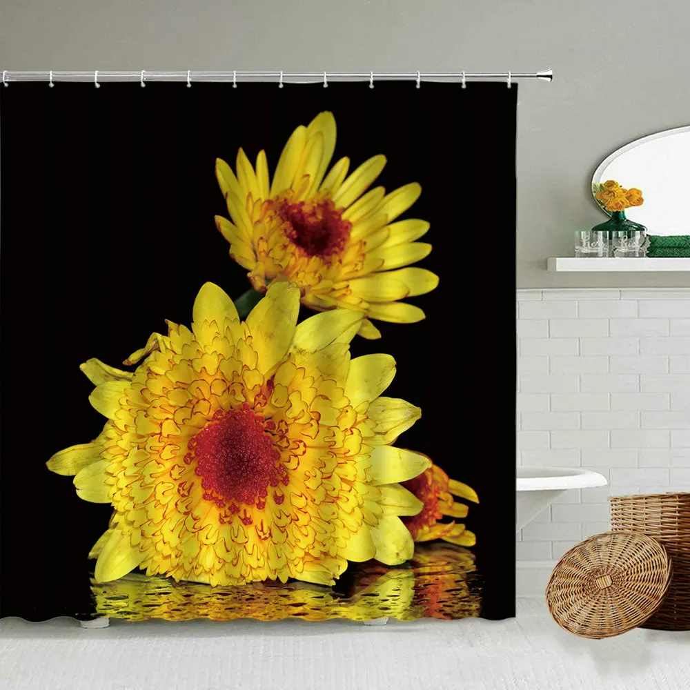 

Гербера, Подсолнух, желтый цветок, занавеска для душа, цветная бабочка, черный фон, настенное украшение для ванной комнаты, набор водонепрон...