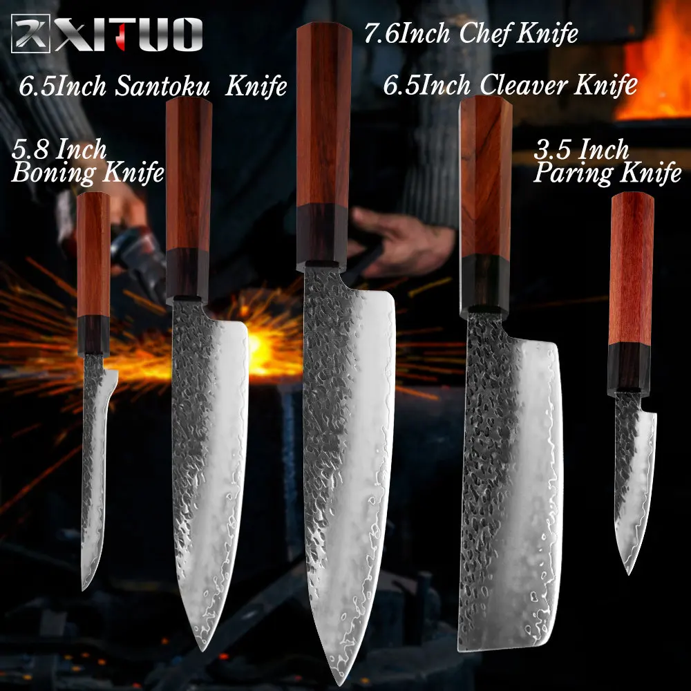 5PCS-A XITUO три-слой композита Сталь шеф-повара Ножи ручной ковки китайский нож Острый кухонный топорик Santoku кирицукэ утилита Пособия по кулинарии инструменты - Цвет: 5PCS-A