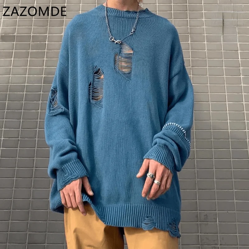 Вязаный джемпер ZAZOMDE в стиле хип-хоп свитер с рваными дырками уличная одежда