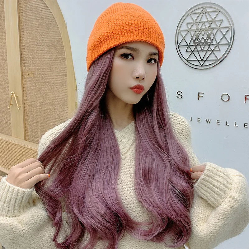 

Hat Wig One-piece Women's Long Hair Autumn And Winter Fashion Network Red Knitted Wool Wig Light Board Flipped along Stylish