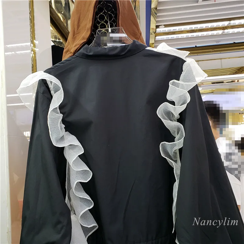 Harajuku Style noir chemise femmes nouveau décontracté couleur contrastée irrégulière maille ébouriffé revers hauts lâche Blusas Mujer 2021
