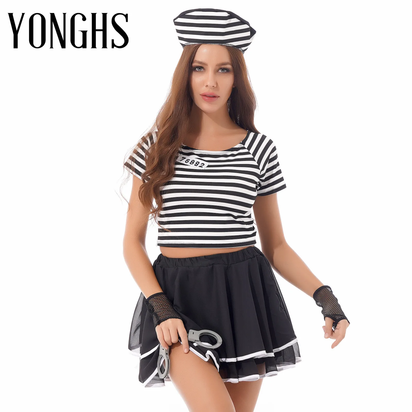 

Женский костюм для подростков, костюм для косплея, футболка в полоску с многослойной расклешенной юбкой, Т-образная шляпа, перчатки, манжеты...