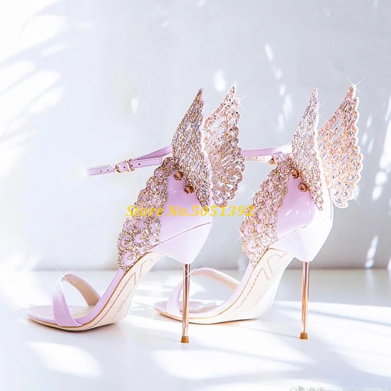 Crystal Butterfly Decor Metal High Heel Sandals One Strap Cover Heel Strap Buckle Open Toe Runway Ladies Shoes Sweety Pink Black