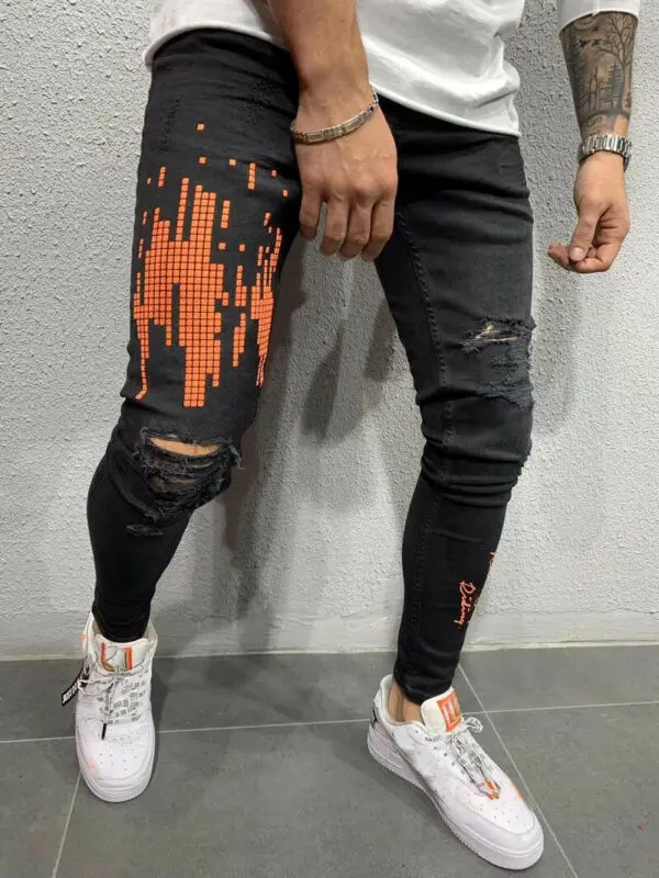 

Men's Black Jeans Hole Denim Pants Casual Pants Fashion Slim Stretch Pencil Pants Pantalon Homme