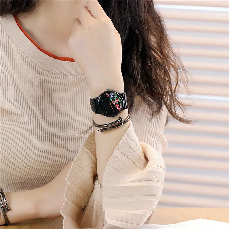 

NO.2 Women Black Leather Band Quartz Watches Men Casual Wristwatch Analog Simple Glass/Flower Dial Unisex Relogio Feminino