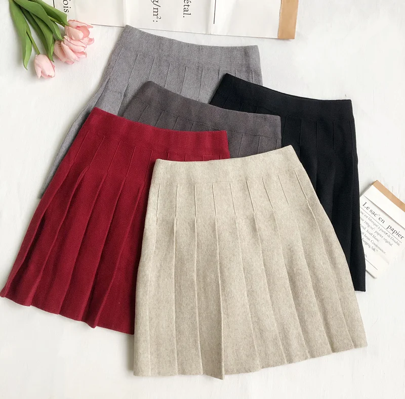 

2021 autumn winter Korean new retro college style skirts women high waist thin casual knitted pleated a-line mini skirt female