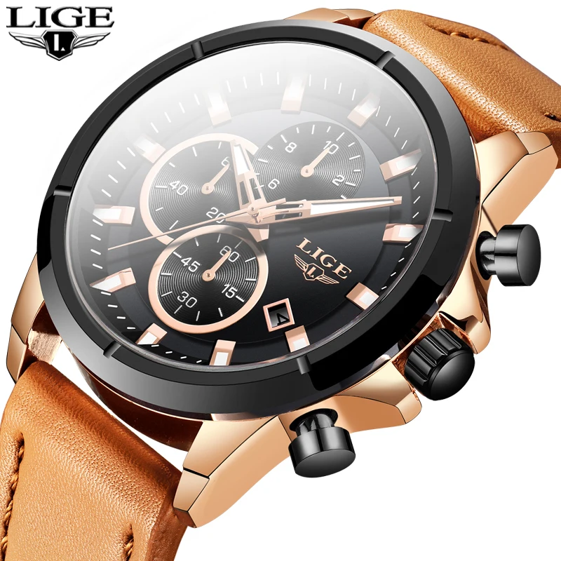 Часы наручные LIGE мужские с кожаным ремешком повседневные деловые брендовые