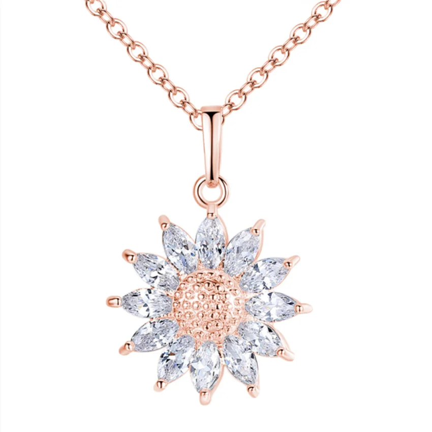 

Fashion Wild Sunflower Charm Necklaces Color Stainless Steel Rhinestone Pendant Clavicle Chain Men/Women Jewelry
