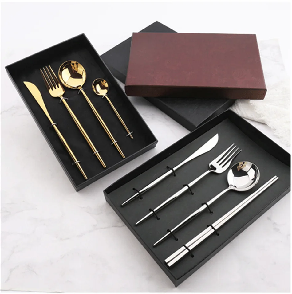 High Quality Gold Cutlery Set Stainless Steel Portable Dinnerware Set Mirror Polishing Food Steak Fork Spoon Knife Chopstick 1pc
