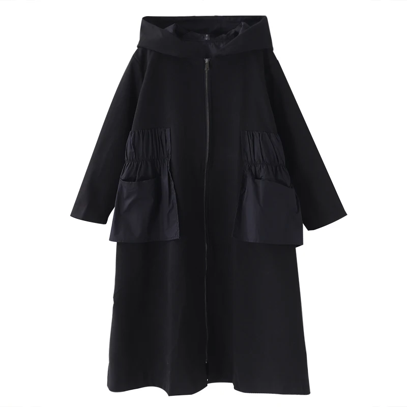 female new autumn and winter plus size korean style outerwear literary ruffled stitching hooded with velvet loose trench