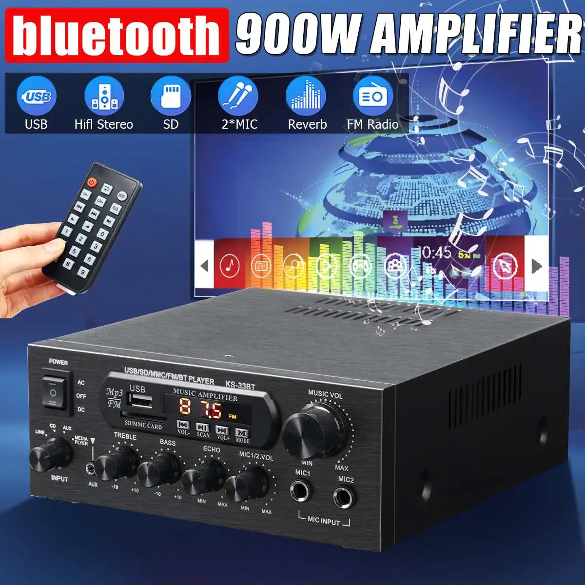 

Стереоусилитель 1000 Вт, bluetooth, USB, SD, FM, DVD, AUX, ЖК-дисплей