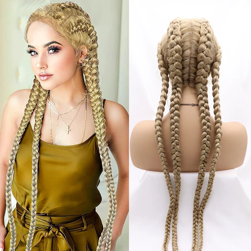 

26 дюймов медово-светлый Плетеный кружевной передний парик с BabyHair 613 двойной голландский Плетеный парик для женщин