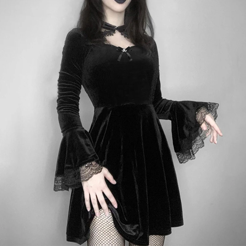 

Женское бархатное платье с длинным рукавом, готическое черное платье с высокой талией и расширяющимся книзу кружевом, вечернее мини-платье ...