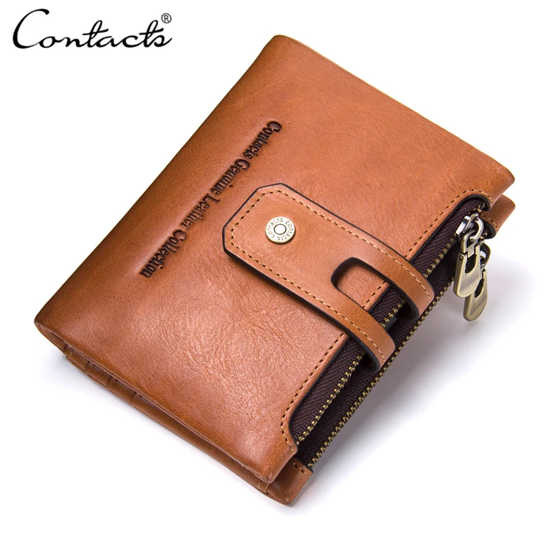 

CONTACT'S Wallet Crazy Horse Genuine Leather Double Zipper Hasp Wallets Short Coin Purse With Card Holders Male portomonee Walet
