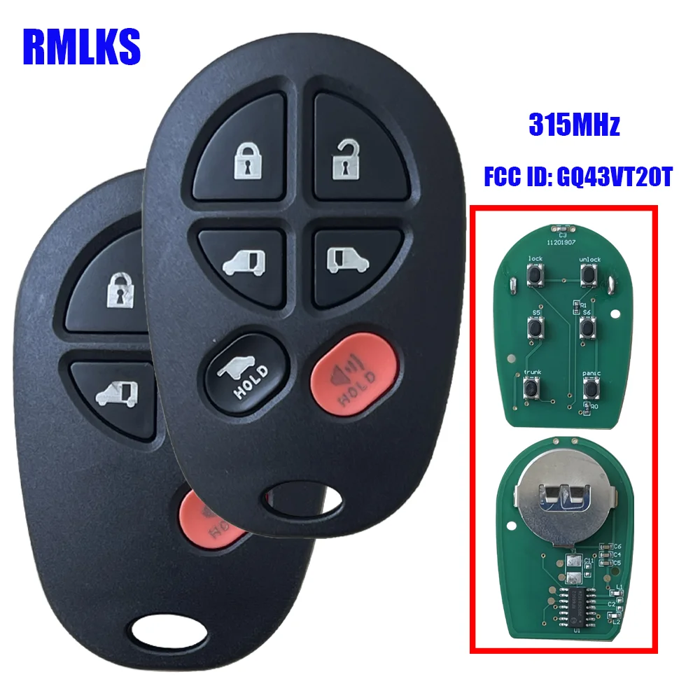 FCC ID: GQ43VT20T Replacement 5+1 6 Button 315MHz Remote Car Key Fob for Toyota Sienna 2011 2012 2013