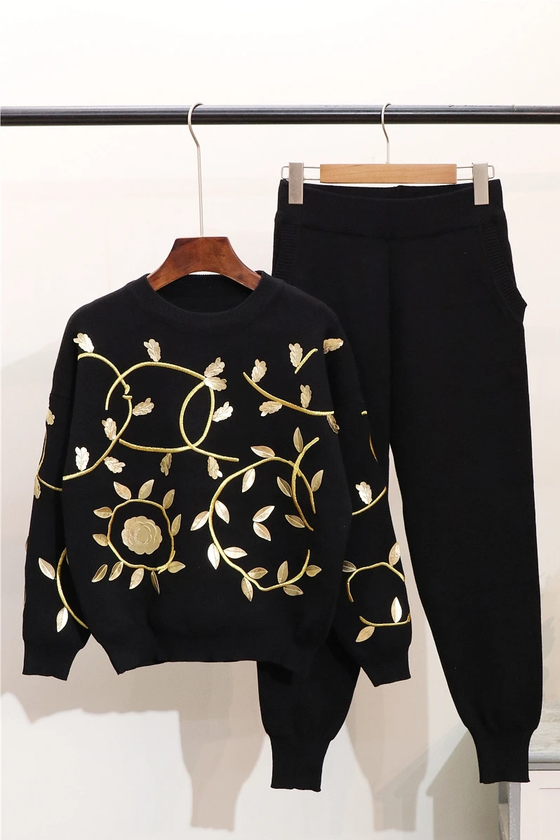 Осень-зима Женский комплект 2 шт. золотой Вязаный топ с цветочной вышивкой и