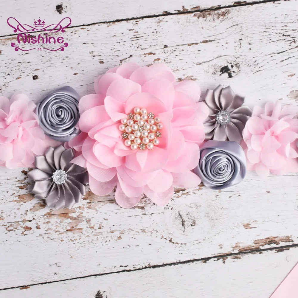 

Nishine Shining Rhinestone Beaded Chiffon Flower Maternity Sash Hand Sewning Beads Floral Women Belt Adjustable Pink Waistband
