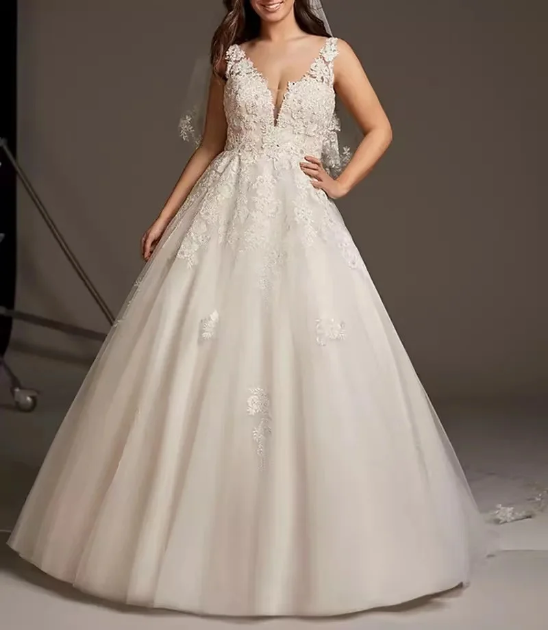 

A-Line Wedding Dresses V Neck Sweep / Brush Train Lace Tulle Regular Straps See-Through Illusion Detail Backless with 2021