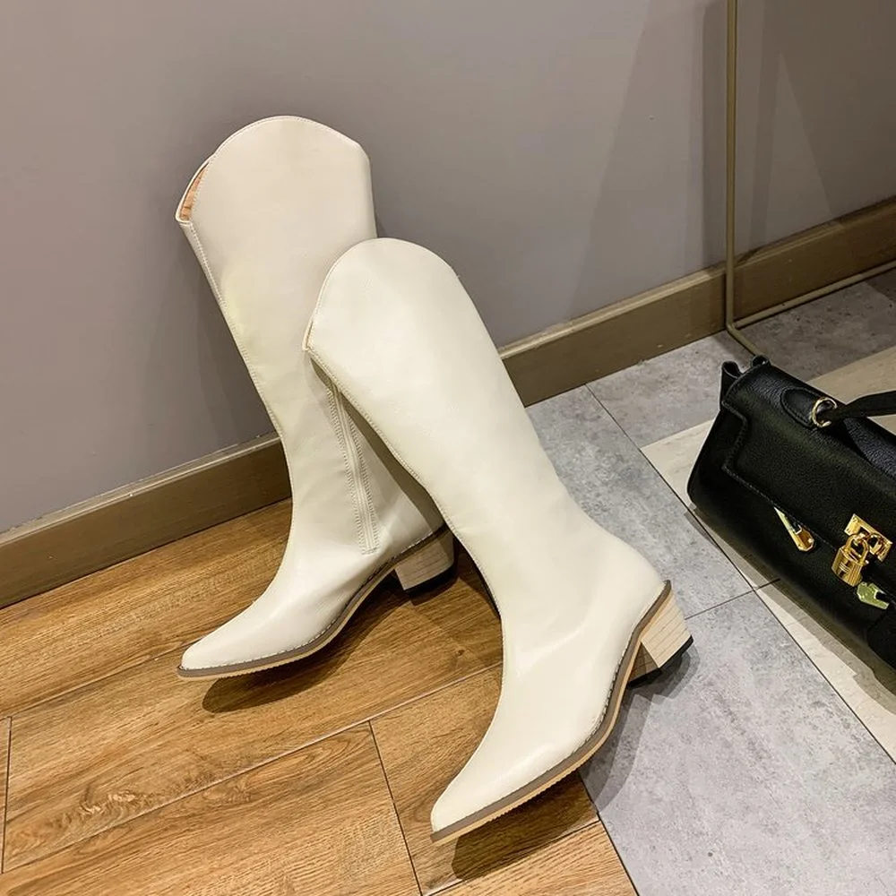 

Waterproof Pu Leather Fashion Boots 2021 Ladies Fashion Zipper Pointed Toe Knee High Boots Ladies Square Heel Botas Mujer