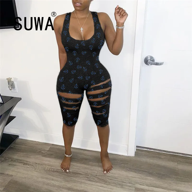 

2020 women fashion simple solid u neck print hole special design jumpsuits sexy tight night high street lady fashion overalls