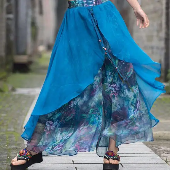 Винтажные этнические длинные двухслойные Асимметричные Брюки 70s с принтом и