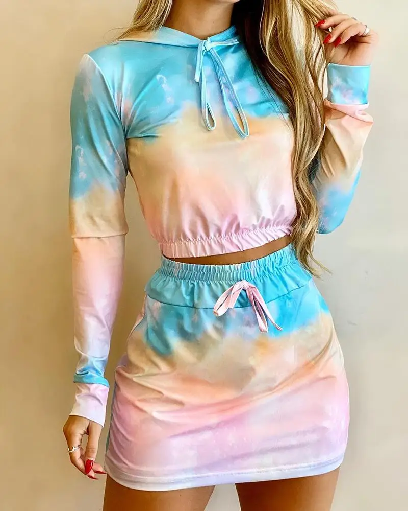 

beautifulTie dye skirt lace up long sleeve suit2021 new high quality
