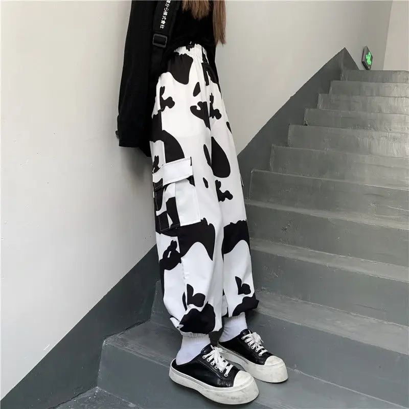 

HOUZHOU Autumn Cow Print Pants Women Vintage Fashion Harajuku Palazzo Pants Loose Wide Leg Pants Straight Trousers Women Unisex