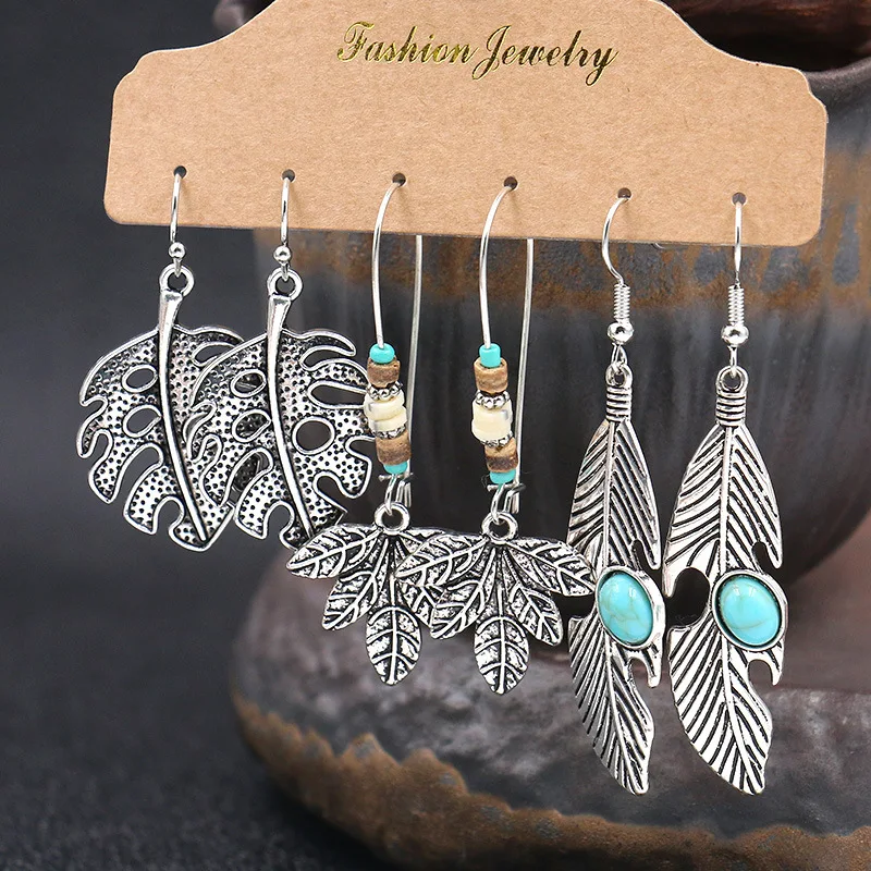 

3 pair/set Antique Silver/Champagne Leaf Hamsa Hand Owl Butterfly Earring Sets For Women Earring Bohemian Jewelry Gift
