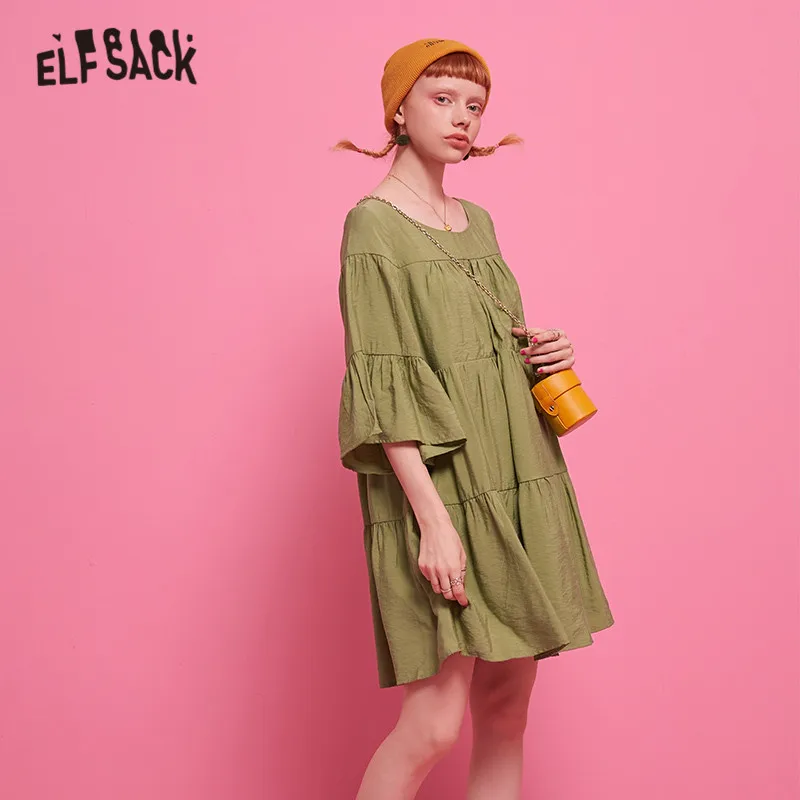 ELFSACK, зеленое однотонное Повседневное платье с оборками для женщин, осень, цвета хаки, с воланами, с рукавами, праздничные женские платья