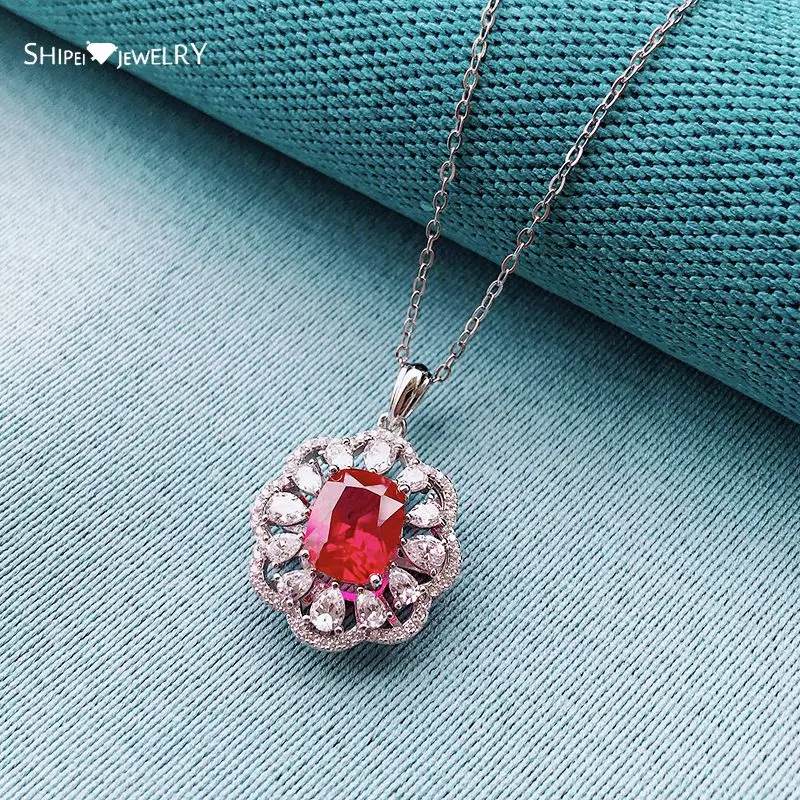 

Shipei 100% 925 Sterling Silver Oval Cut Ruby Created Moissanite Gemstone Wedding Anniversary Pendant Necklace Fine Jewelry Gift